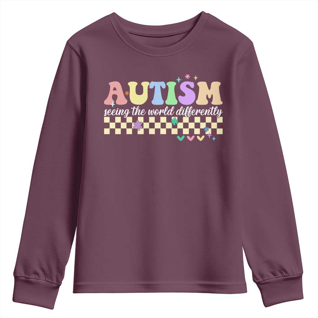 Autism Acceptance Month Youth Sweatshirt Seeing the World Differently TS10 Maroon Print Your Wear