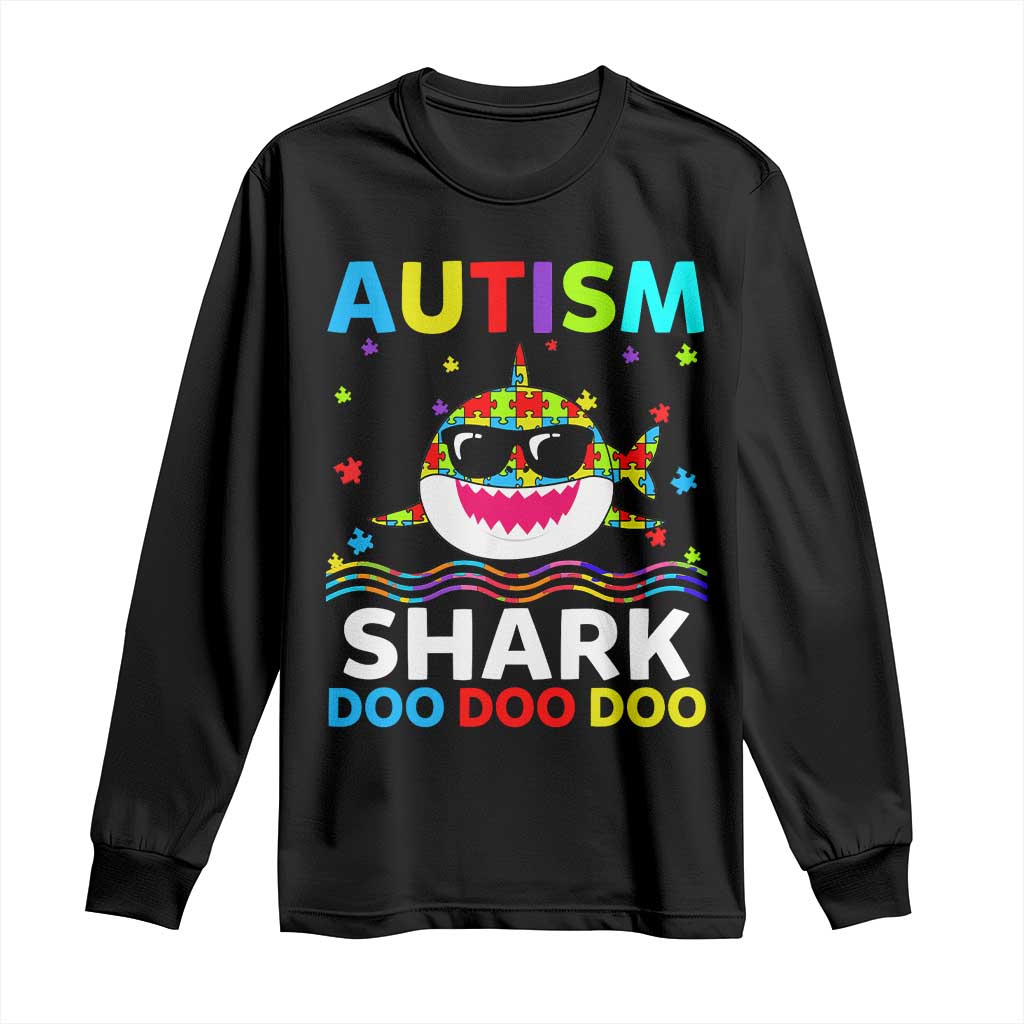 Funny Autism Shark Long Sleeve Shirt Puzzle Piece Autistic Mom Dad Sped Teacher TS10 Black Print Your Wear