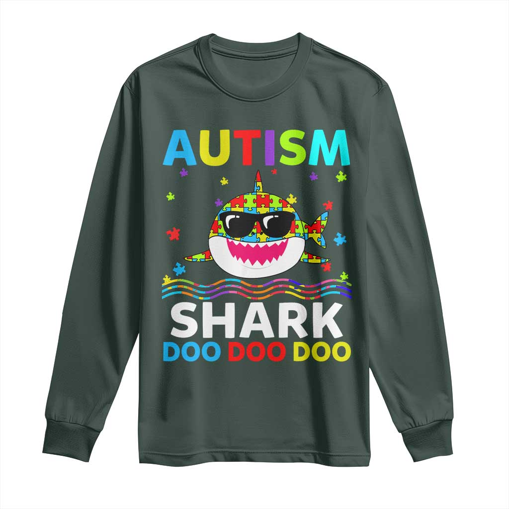 Funny Autism Shark Long Sleeve Shirt Puzzle Piece Autistic Mom Dad Sped Teacher TS10 Dark Forest Green Print Your Wear