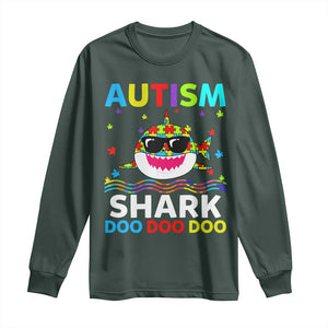 Funny Autism Shark Long Sleeve Shirt Puzzle Piece Autistic Mom Dad Sped Teacher TS10 Dark Forest Green Print Your Wear