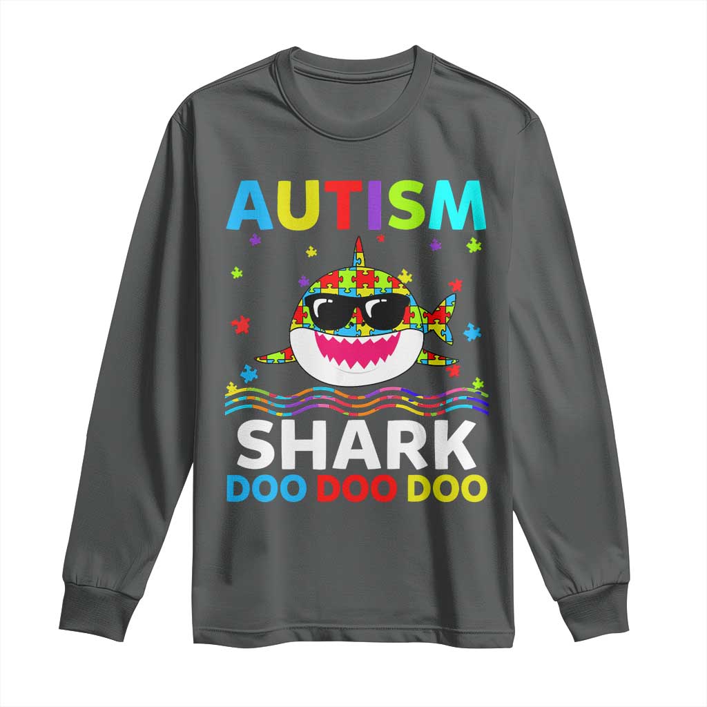 Funny Autism Shark Long Sleeve Shirt Puzzle Piece Autistic Mom Dad Sped Teacher TS10 Dark Heather Print Your Wear