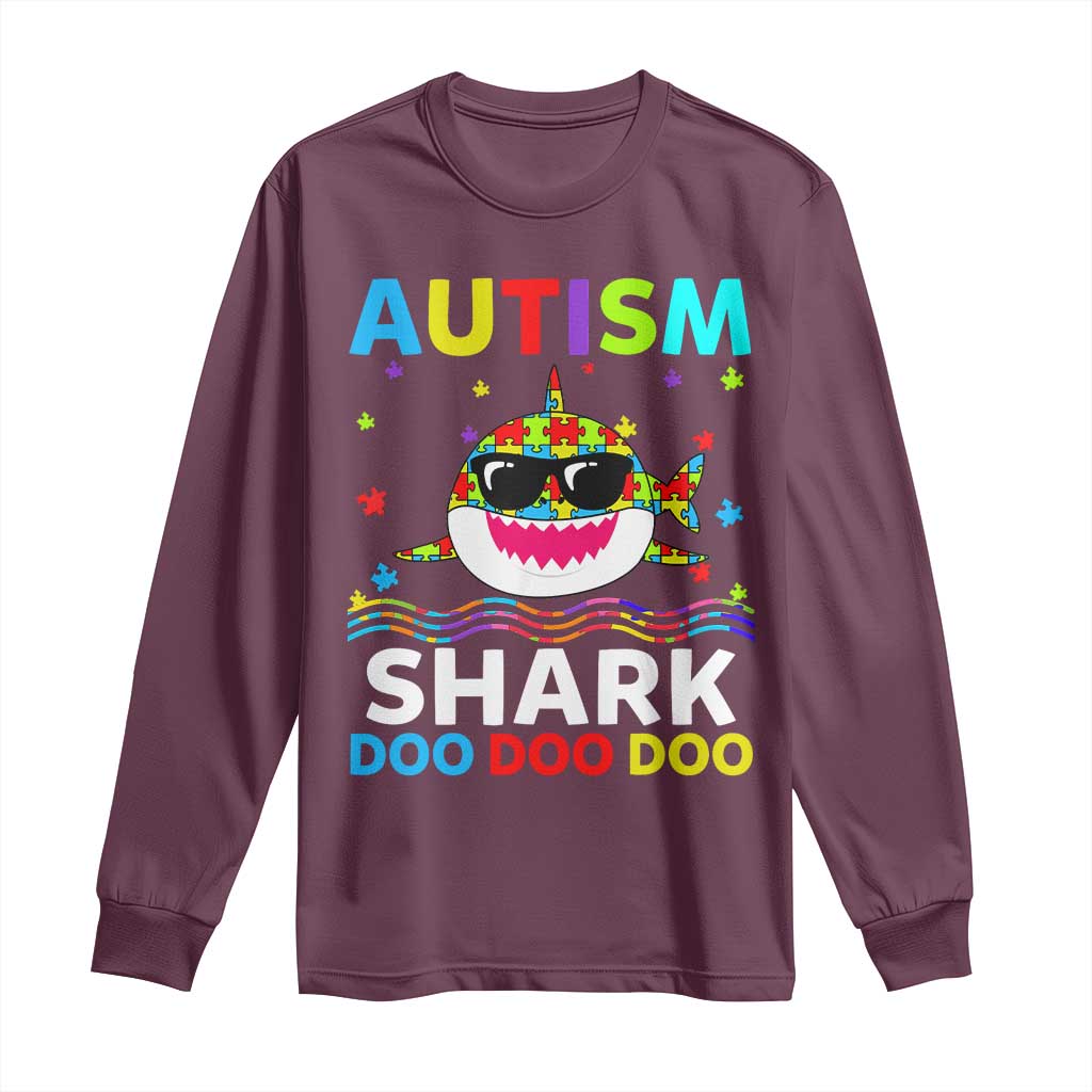 Funny Autism Shark Long Sleeve Shirt Puzzle Piece Autistic Mom Dad Sped Teacher TS10 Maroon Print Your Wear