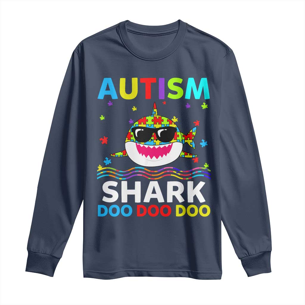 Funny Autism Shark Long Sleeve Shirt Puzzle Piece Autistic Mom Dad Sped Teacher TS10 Navy Print Your Wear
