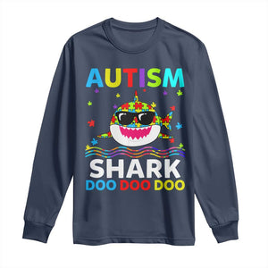 Funny Autism Shark Long Sleeve Shirt Puzzle Piece Autistic Mom Dad Sped Teacher TS10 Navy Print Your Wear