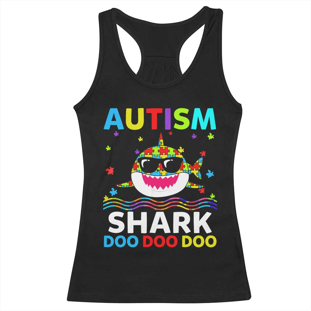 Funny Autism Shark Racerback Tank Top Puzzle Piece Autistic Mom Dad Sped Teacher TS10 Black Print Your Wear