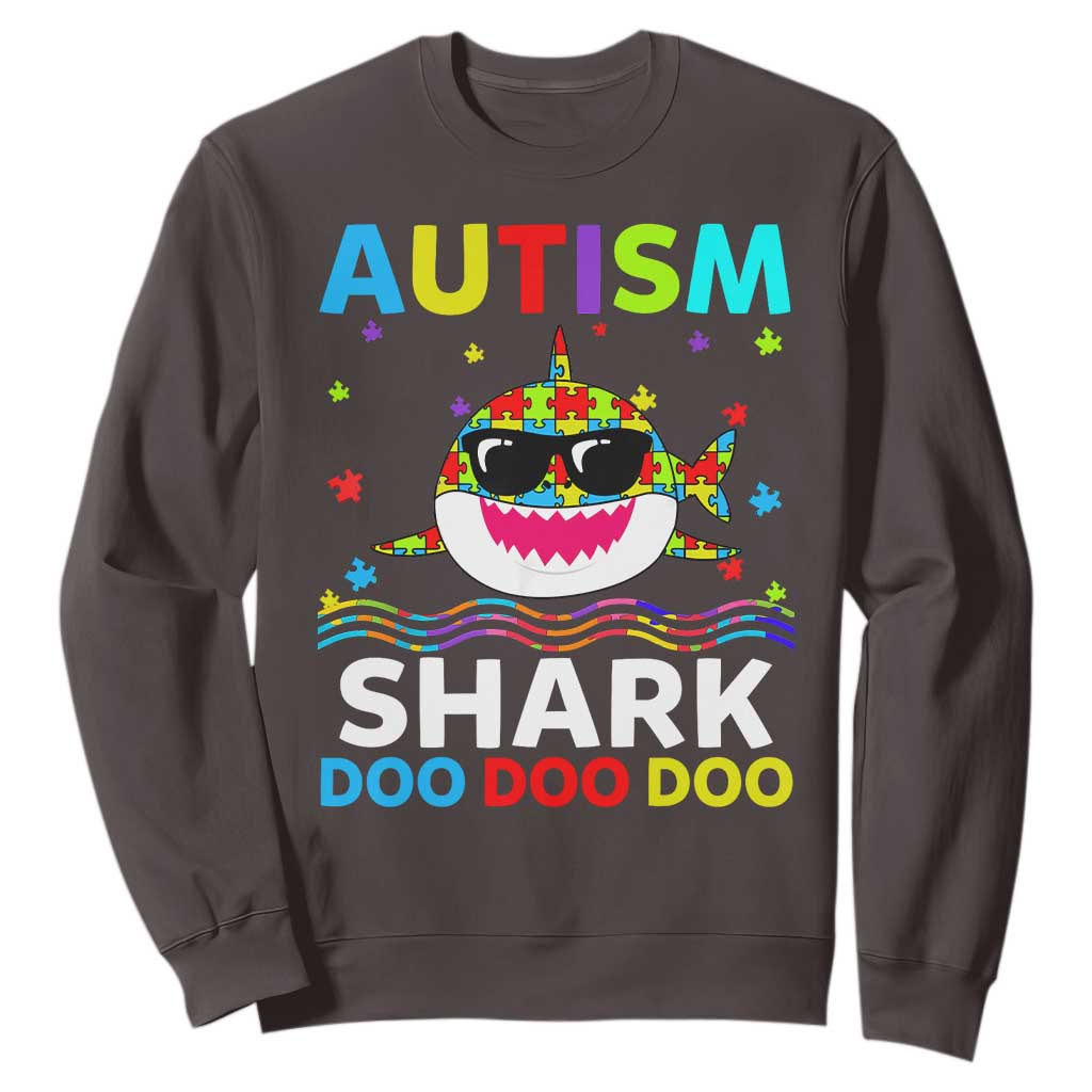 Funny Autism Shark Sweatshirt Puzzle Piece Autistic Mom Dad Sped Teacher TS10 Dark Chocolate Print Your Wear