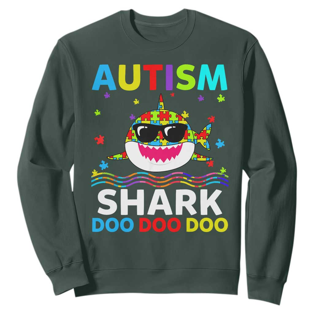 Funny Autism Shark Sweatshirt Puzzle Piece Autistic Mom Dad Sped Teacher TS10 Dark Forest Green Print Your Wear