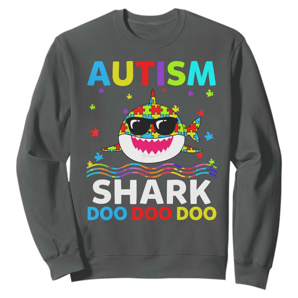 Funny Autism Shark Sweatshirt Puzzle Piece Autistic Mom Dad Sped Teacher TS10 Dark Heather Print Your Wear