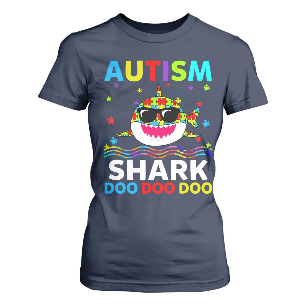 Funny Autism Shark T Shirt For Women Puzzle Piece Autistic Mom Dad Sped Teacher TS10 Navy Print Your Wear