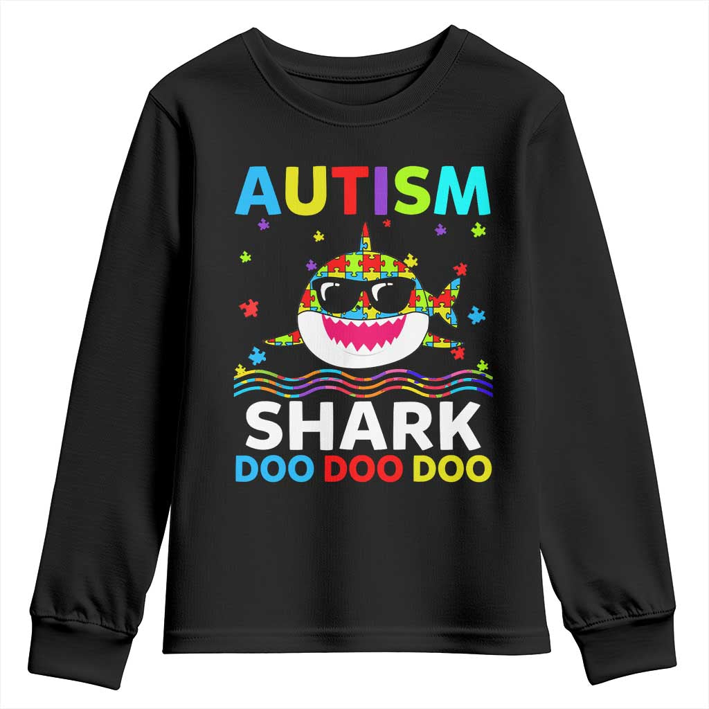 Funny Autism Shark Youth Sweatshirt Puzzle Piece Autistic Mom Dad Sped Teacher TS10 Black Print Your Wear