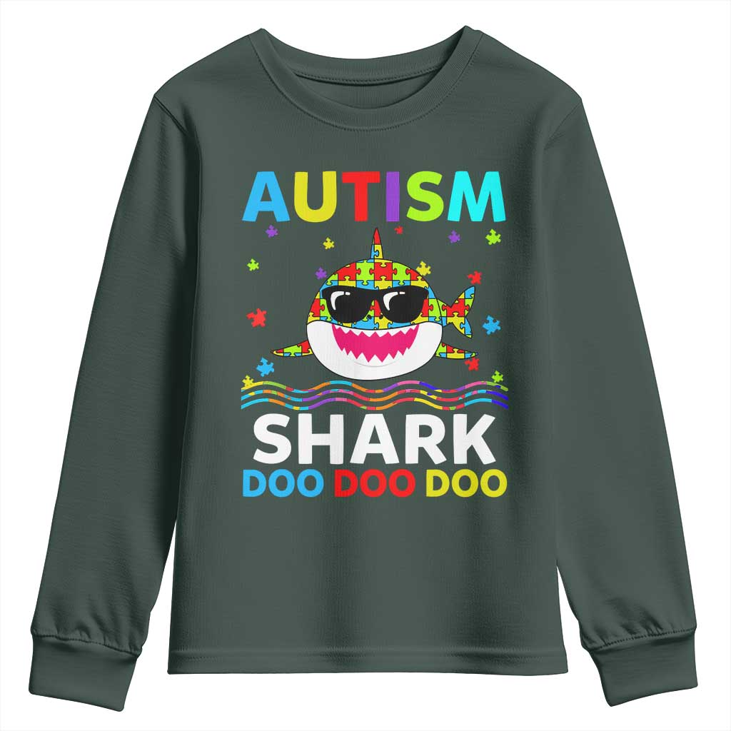 Funny Autism Shark Youth Sweatshirt Puzzle Piece Autistic Mom Dad Sped Teacher TS10 Dark Forest Green Print Your Wear