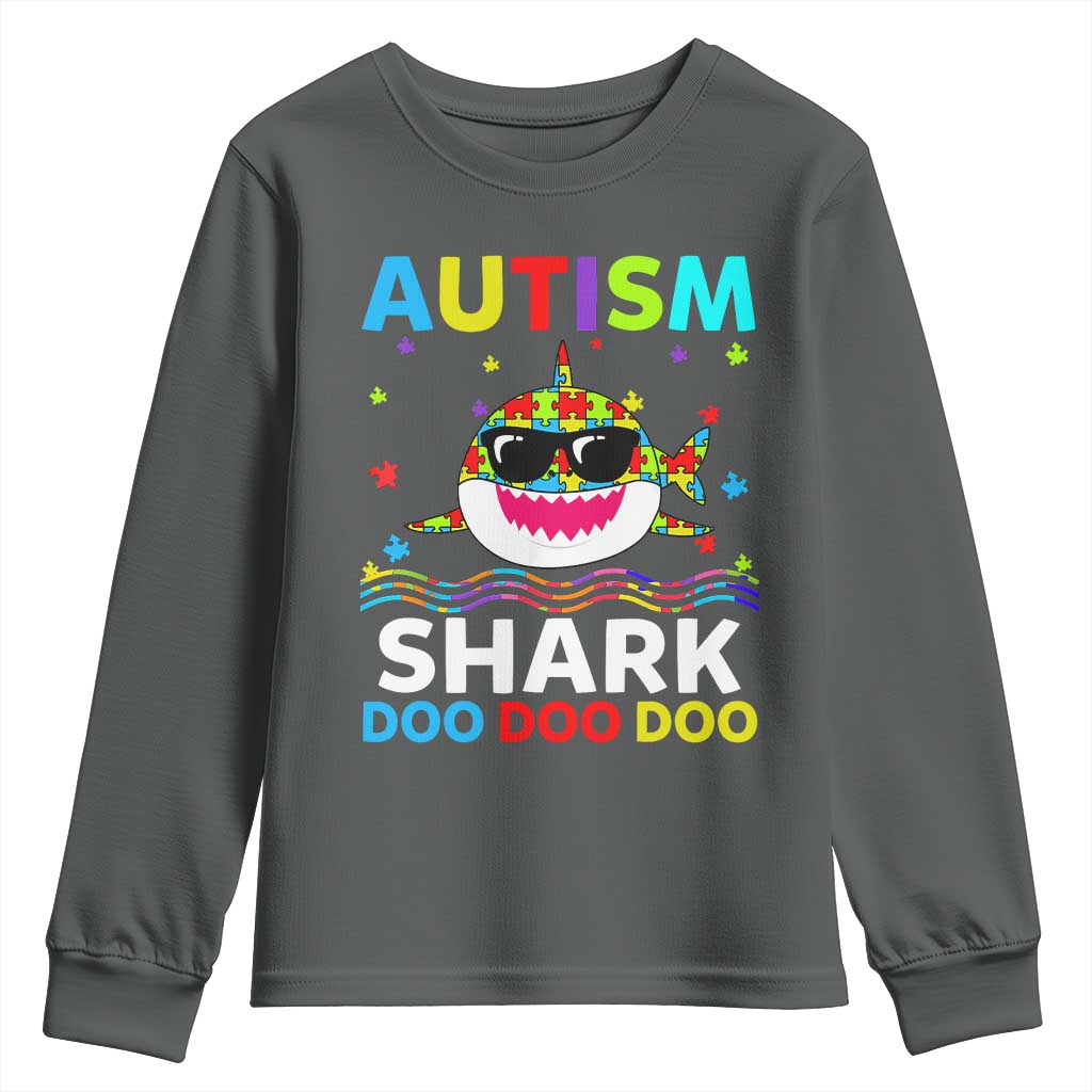 Funny Autism Shark Youth Sweatshirt Puzzle Piece Autistic Mom Dad Sped Teacher TS10 Dark Heather Print Your Wear