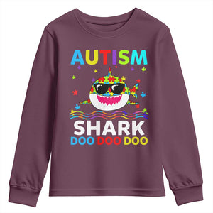 Funny Autism Shark Youth Sweatshirt Puzzle Piece Autistic Mom Dad Sped Teacher TS10 Maroon Print Your Wear