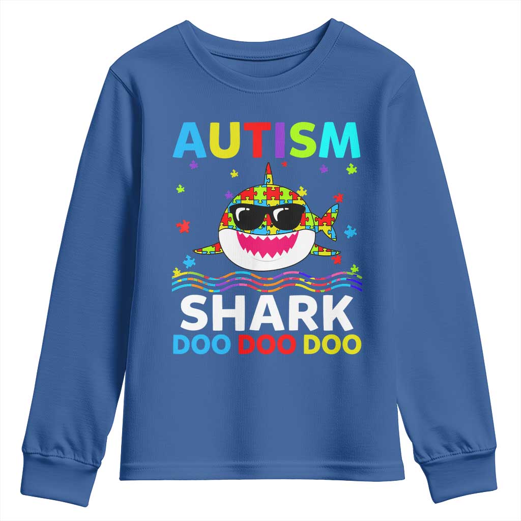 Funny Autism Shark Youth Sweatshirt Puzzle Piece Autistic Mom Dad Sped Teacher TS10 Royal Blue Print Your Wear