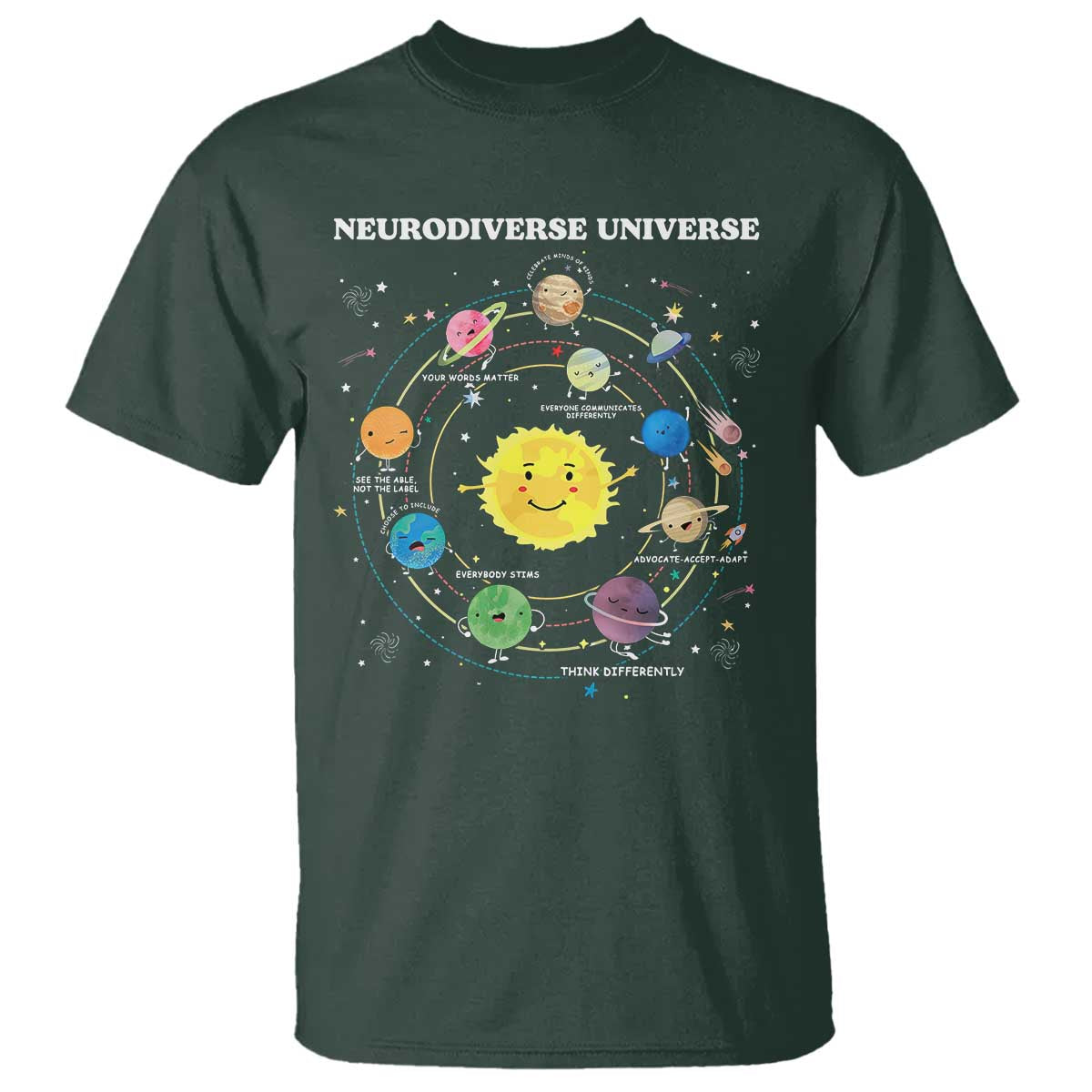 Autism Awareness T Shirt Neurodiverse Universe Sped Teacher TS10 Dark Forest Green Print Your Wear