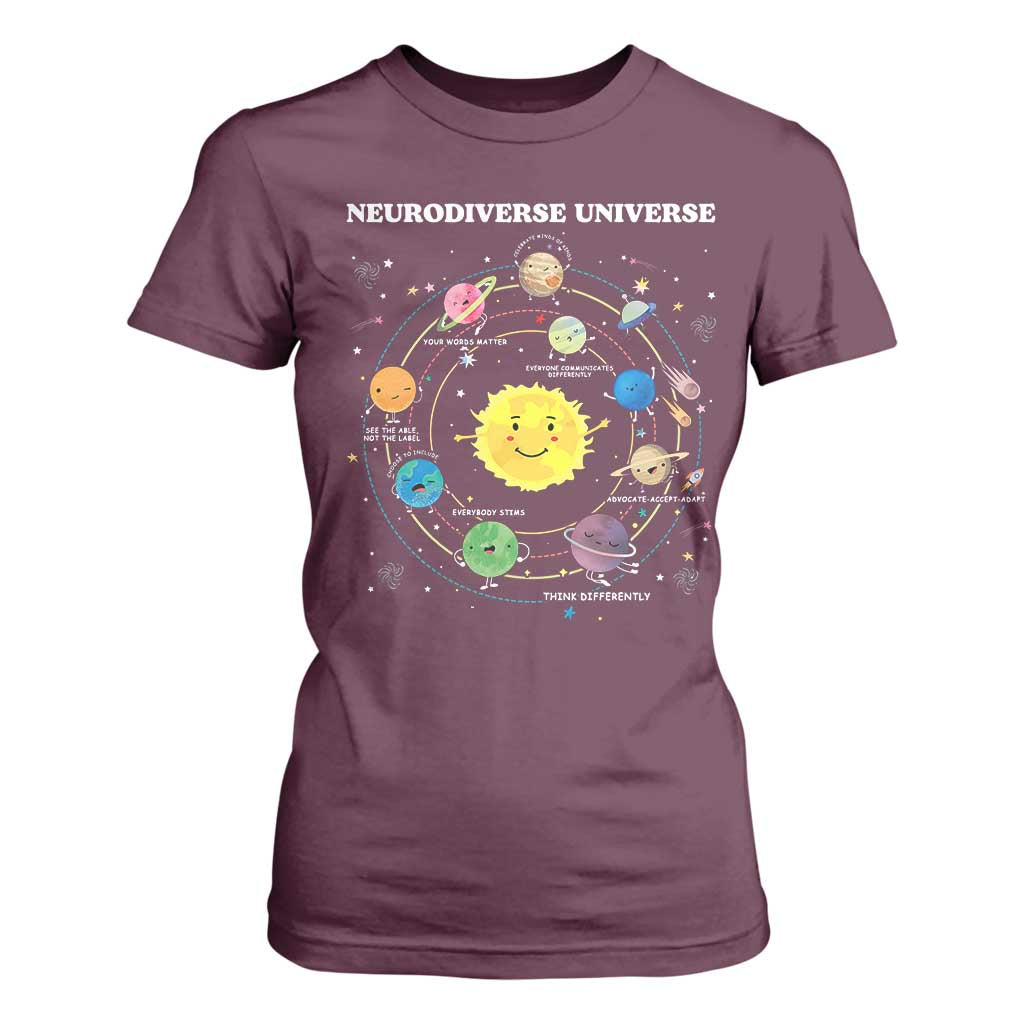 Autism Awareness T Shirt For Women Neurodiverse Universe Sped Teacher TS10 Maroon Print Your Wear