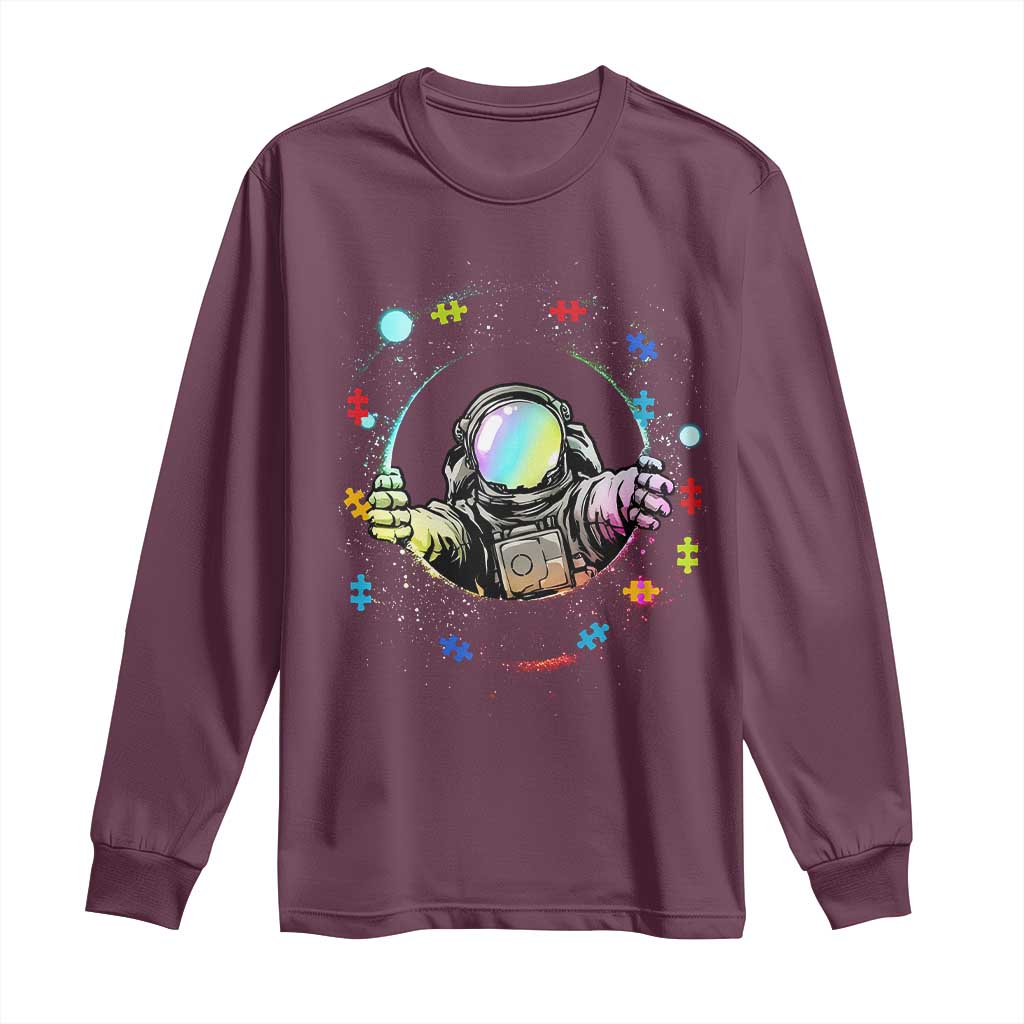 Astronaut Autism Awareness Long Sleeve Shirt Space Autistic Kids Sped Teacher TS10 Maroon Print Your Wear