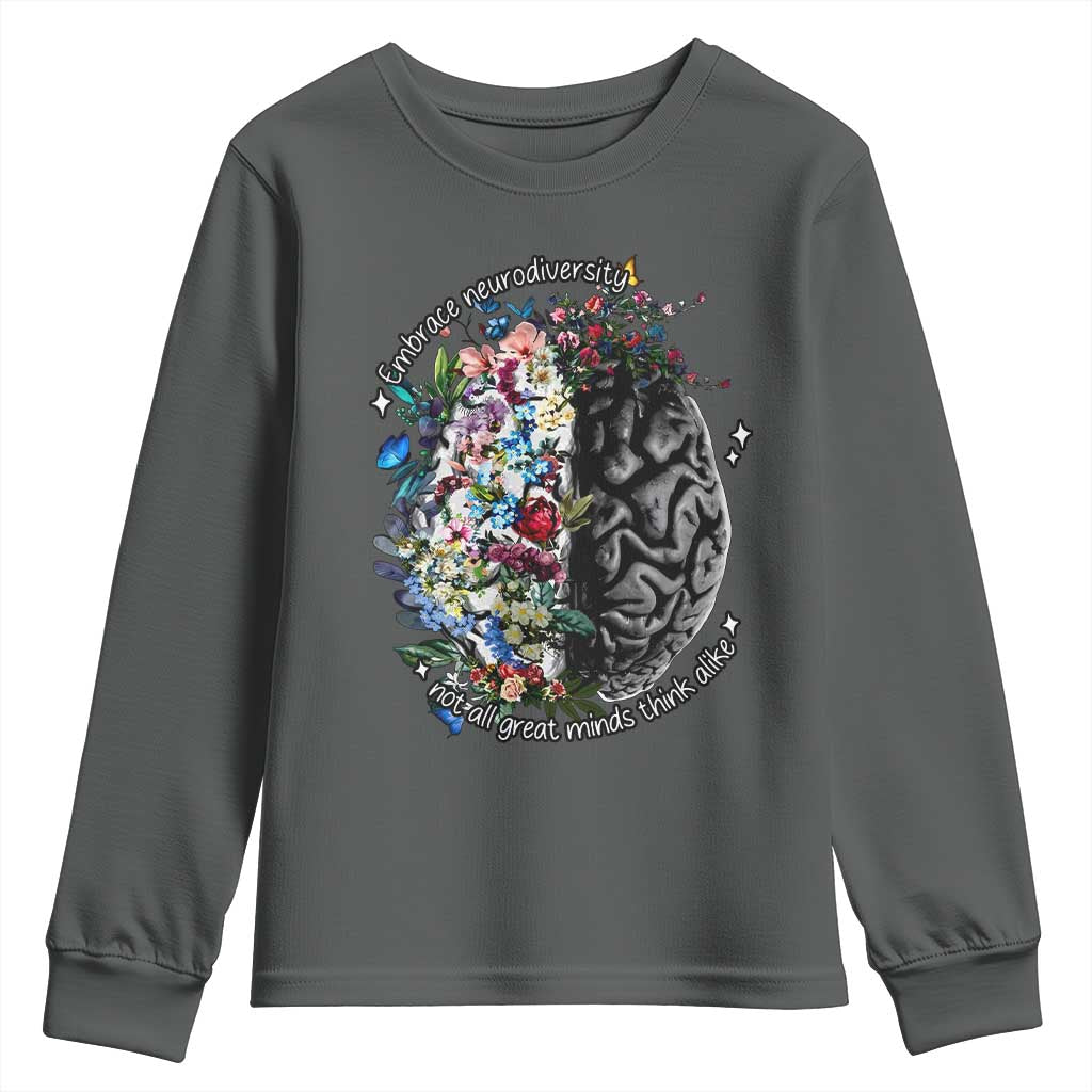 Autism Awareness Youth Sweatshirt Neurodiversity All Great Minds Don't Mind Alike TS10 Dark Heather Print Your Wear