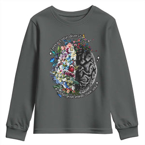 Autism Awareness Youth Sweatshirt Neurodiversity All Great Minds Don't Mind Alike TS10 Dark Heather Print Your Wear