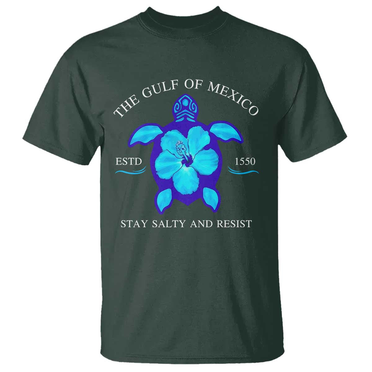 Gulf of Mexico T Shirt Texas Alabama Florida Beach Turtle Hibiscus TS10 Dark Forest Green Print Your Wear