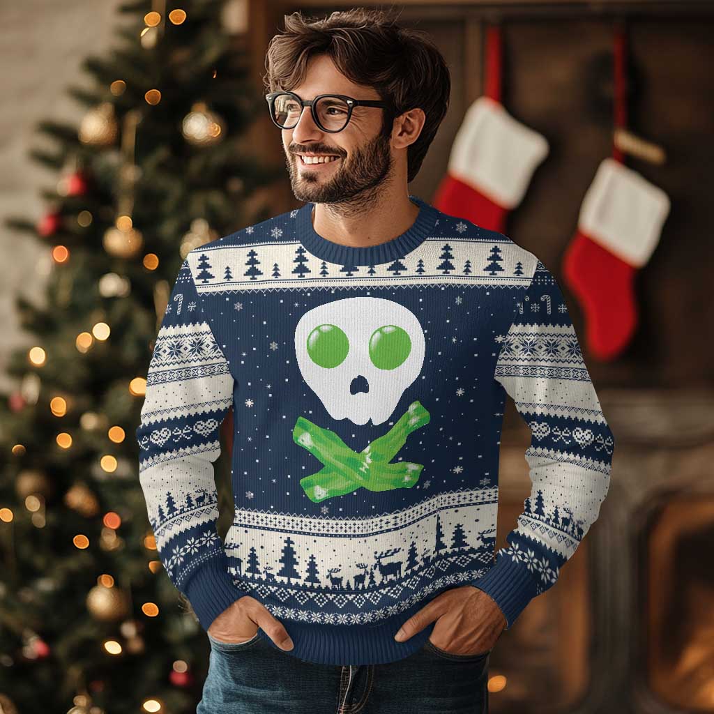 Funny St Patricks Day Ugly Christmas Sweater Bacon & Eggs Skull & Crossbones TS10 Navy Beige Print Your Wear
