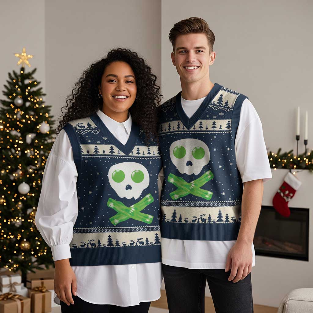 Funny St Patricks Day V-Neck Knit Sweater Vest Bacon & Eggs Skull & Crossbones TS10 Navy Beige Print Your Wear