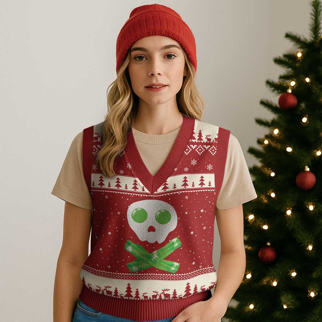 Funny St Patricks Day V-Neck Knit Sweater Vest Bacon & Eggs Skull & Crossbones TS10 Red Beige Print Your Wear