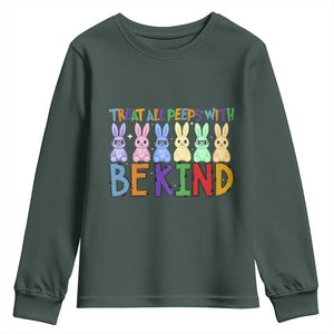 Teacher Easter Youth Sweatshirt Treat All Peeps With Kindness Funny Bunny TS10 Dark Forest Green Print Your Wear