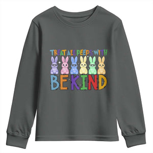 Teacher Easter Youth Sweatshirt Treat All Peeps With Kindness Funny Bunny TS10 Dark Heather Print Your Wear