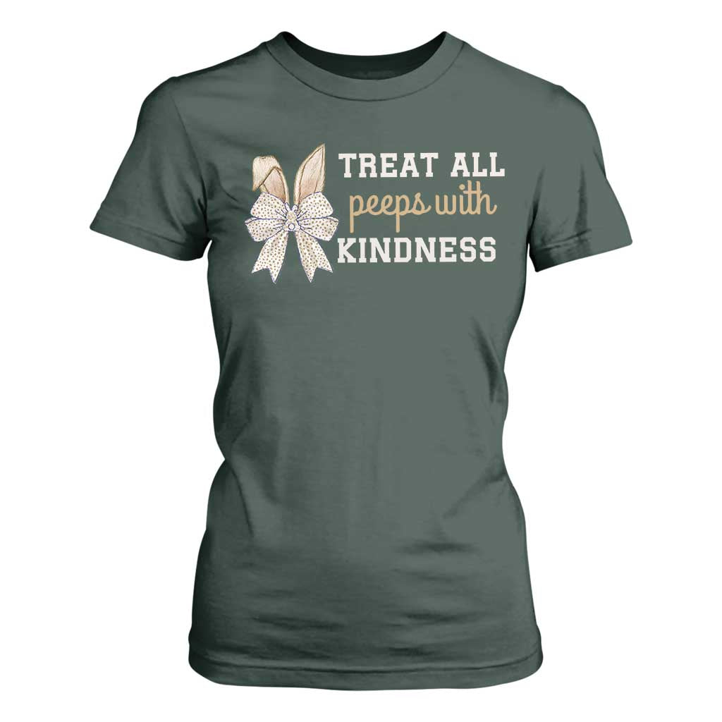 Bunny Coquette Ears Easter Teachers T Shirt For Women Treat All Peeps With Kindness TS10 Dark Forest Green Print Your Wear