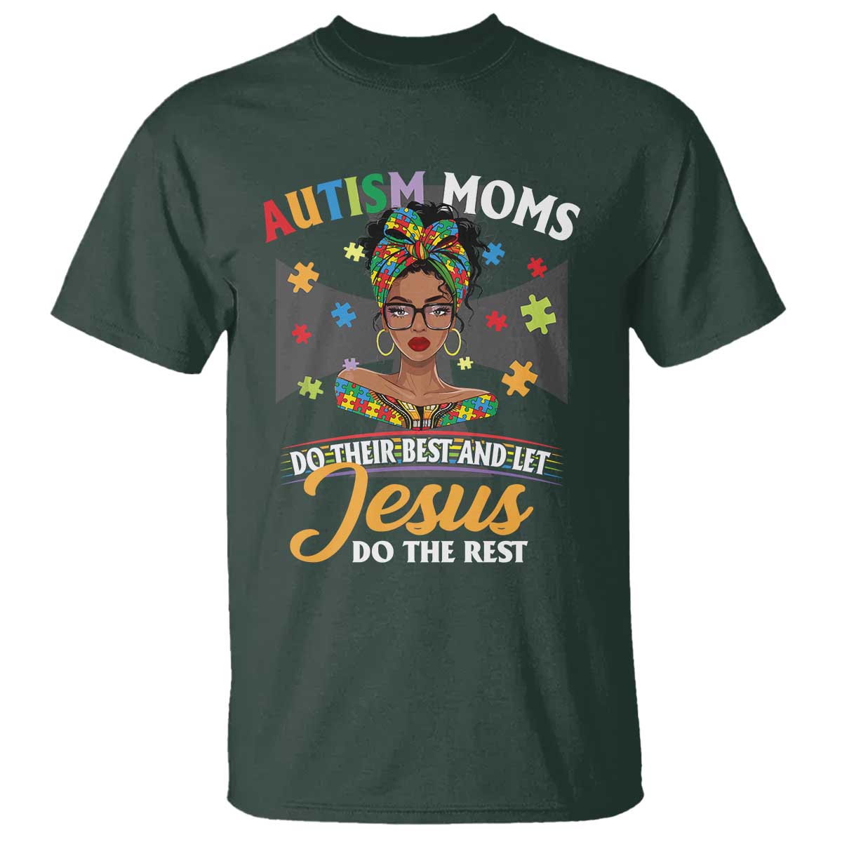 Afro Autism Mom T Shirt African American Autistic Black Mama Religious Cross TS10 Dark Forest Green Print Your Wear