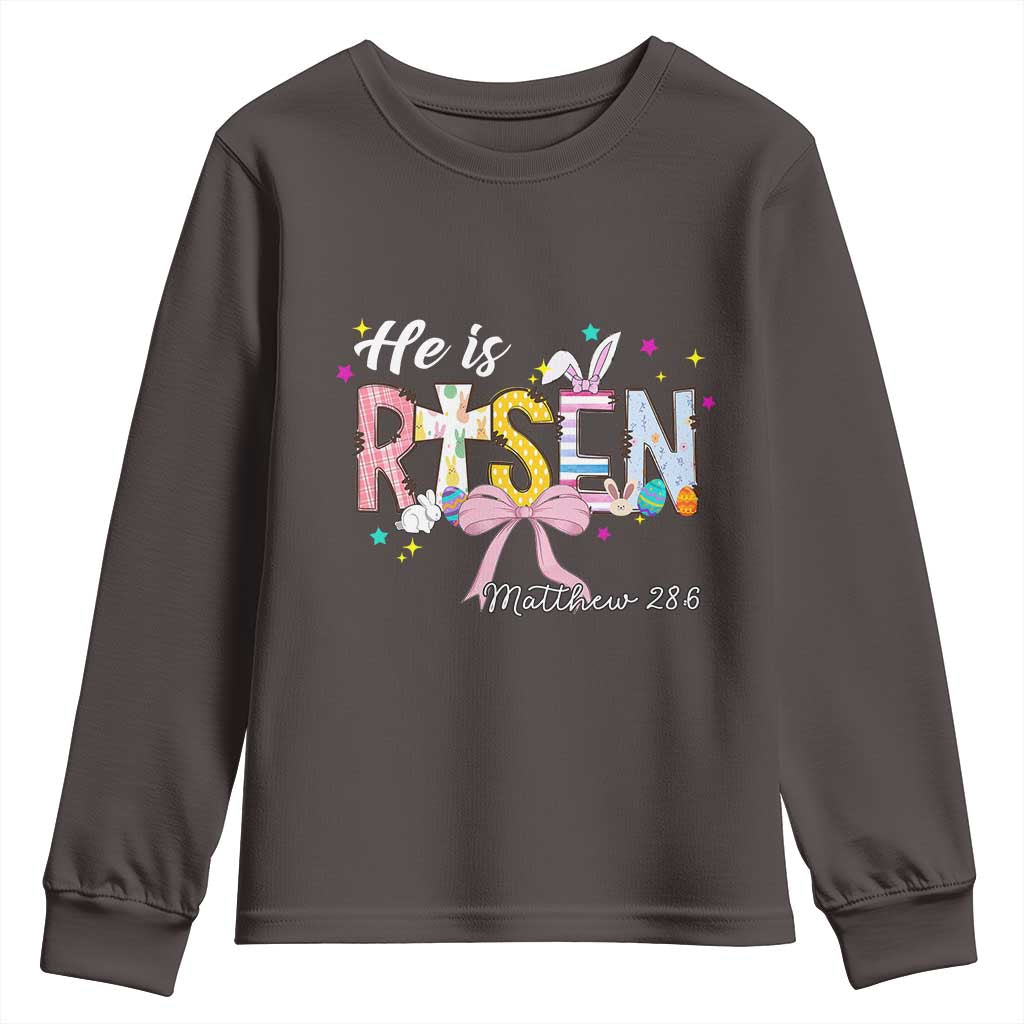 He Is Risen Youth Sweatshirt Jesus Christian Happy Easter Coquette Cross TS10 Dark Chocolate Print Your Wear