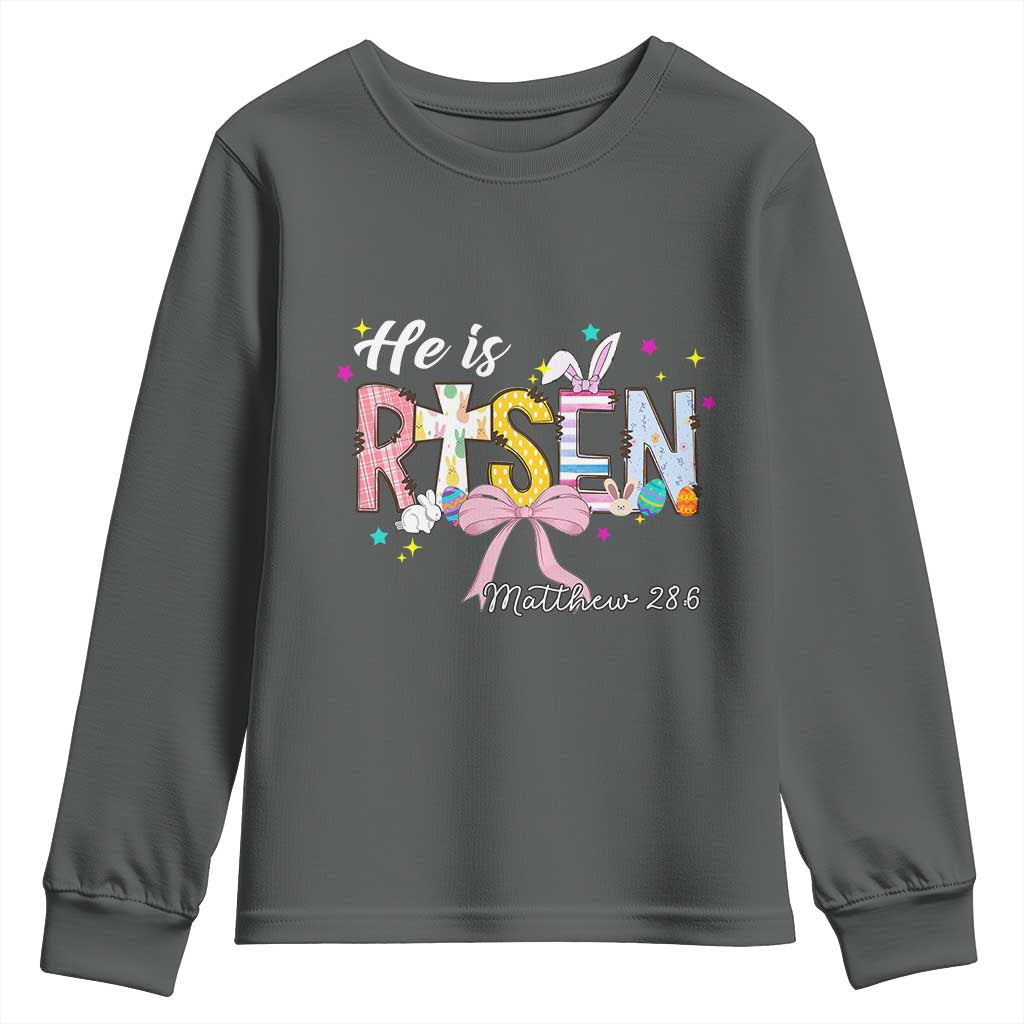 He Is Risen Youth Sweatshirt Jesus Christian Happy Easter Coquette Cross TS10 Dark Heather Print Your Wear