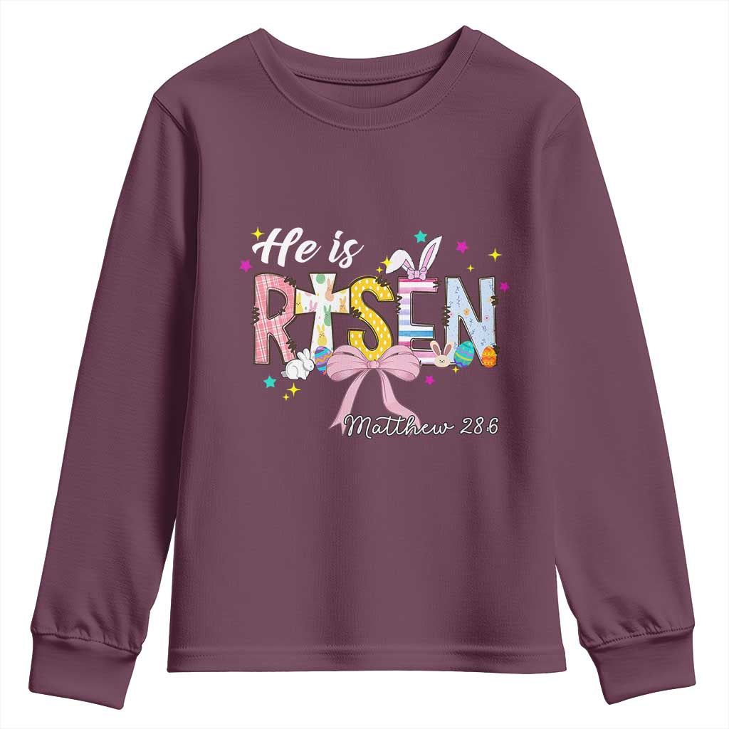 He Is Risen Youth Sweatshirt Jesus Christian Happy Easter Coquette Cross TS10 Maroon Print Your Wear