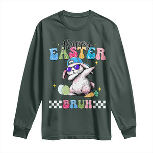 Happy Easter Bruh Long Sleeve Shirt Bunny Dabbing Rabbit Funny Kids Toddler Boys TS10 Dark Forest Green Print Your Wear