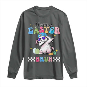 Happy Easter Bruh Long Sleeve Shirt Bunny Dabbing Rabbit Funny Kids Toddler Boys TS10 Dark Heather Print Your Wear