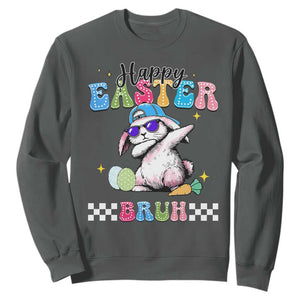 Happy Easter Bruh Sweatshirt Bunny Dabbing Rabbit Funny Kids Toddler Boys TS10 Dark Heather Print Your Wear