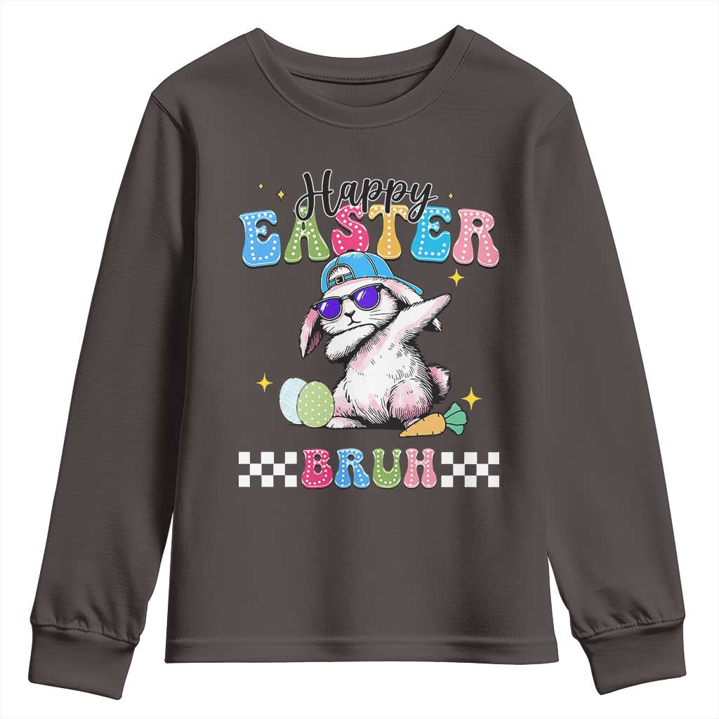 Happy Easter Bruh Youth Sweatshirt Bunny Dabbing Rabbit Funny Kids Toddler Boys TS10 Dark Chocolate Print Your Wear