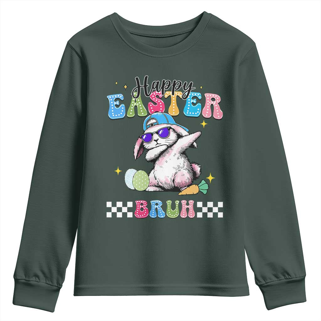 Happy Easter Bruh Youth Sweatshirt Bunny Dabbing Rabbit Funny Kids Toddler Boys TS10 Dark Forest Green Print Your Wear