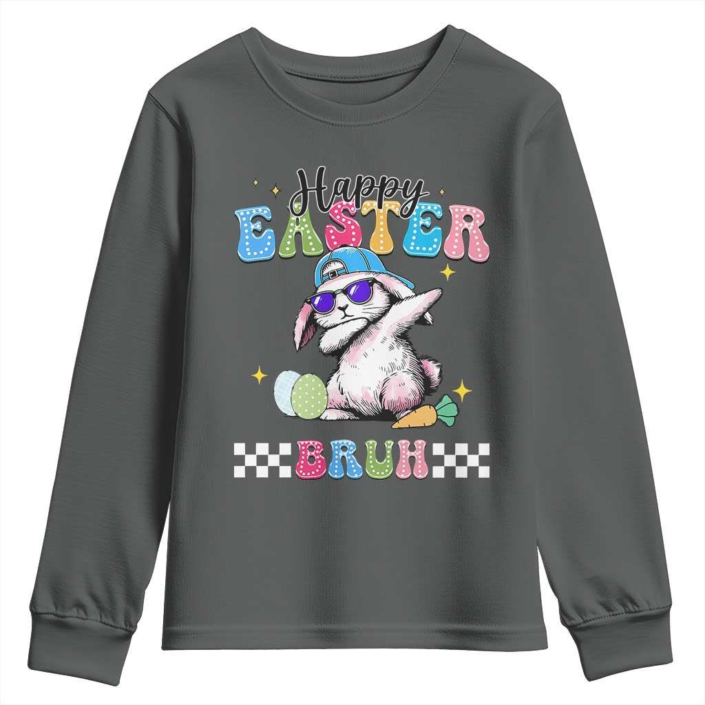 Happy Easter Bruh Youth Sweatshirt Bunny Dabbing Rabbit Funny Kids Toddler Boys TS10 Dark Heather Print Your Wear