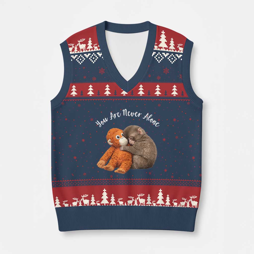 Viral Punch Monkey V-Neck Knit Sweater Vest Cute Baby Monkey With Plush Toy Animal Lovers TS10 Navy Red Print Your Wear