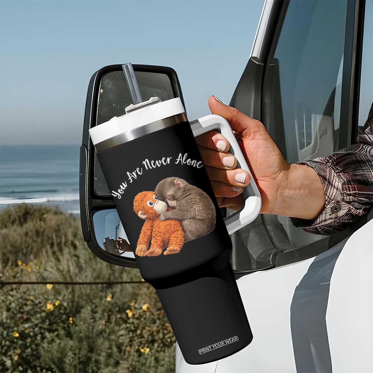 Viral Punch Monkey Tumbler With Handle Cute Baby Monkey With Plush Toy Animal Lovers TS10 Print Your Wear