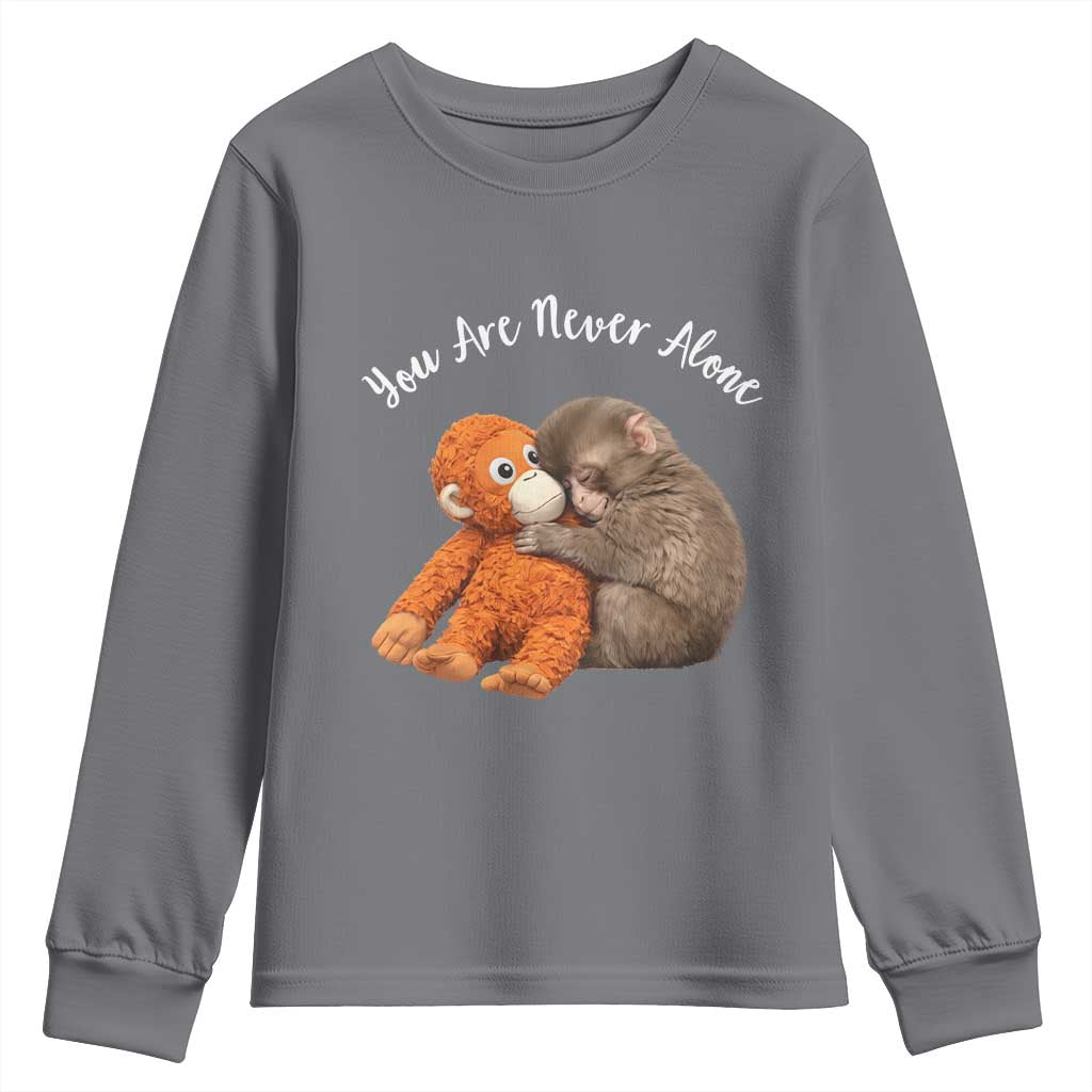 Viral Punch Monkey Youth Sweatshirt Cute Baby Monkey With Plush Toy Animal Lovers TS10 Charcoal Print Your Wear