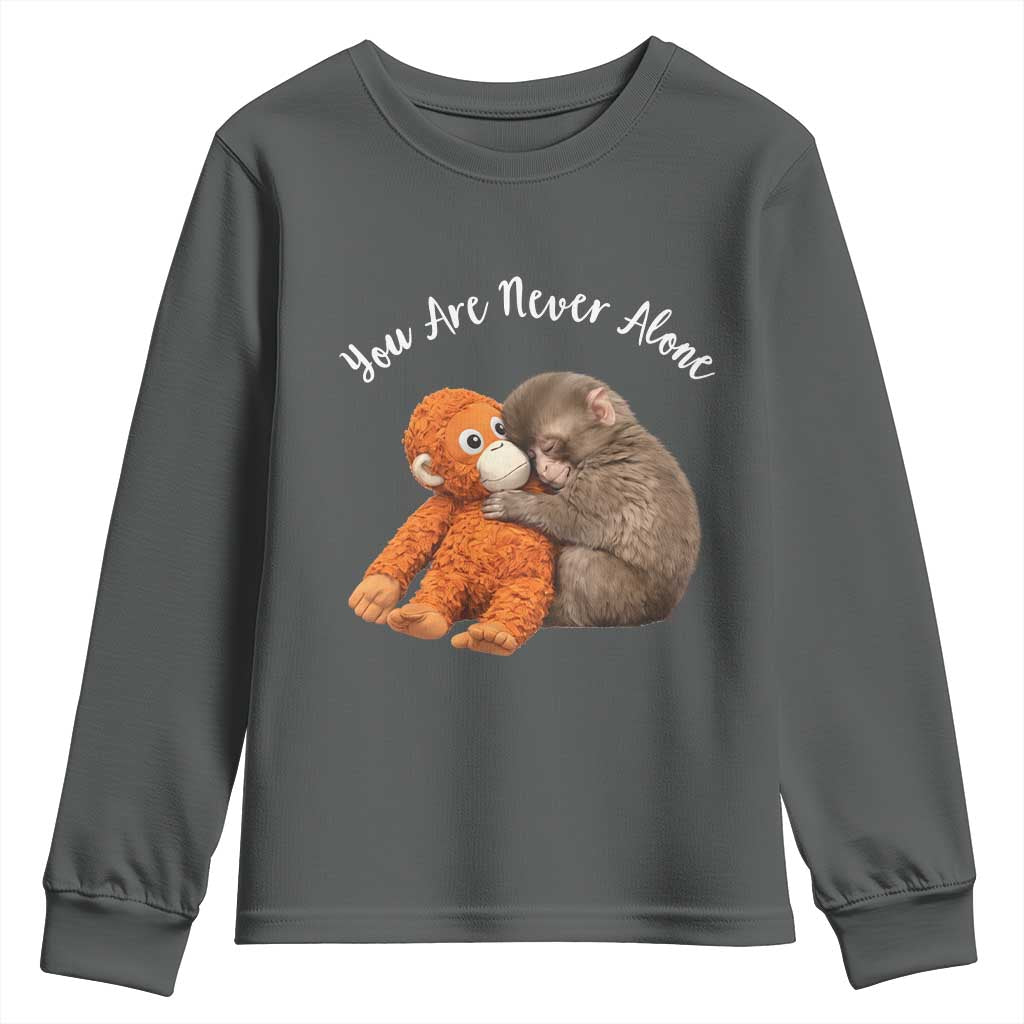 Viral Punch Monkey Youth Sweatshirt Cute Baby Monkey With Plush Toy Animal Lovers TS10 Dark Heather Print Your Wear