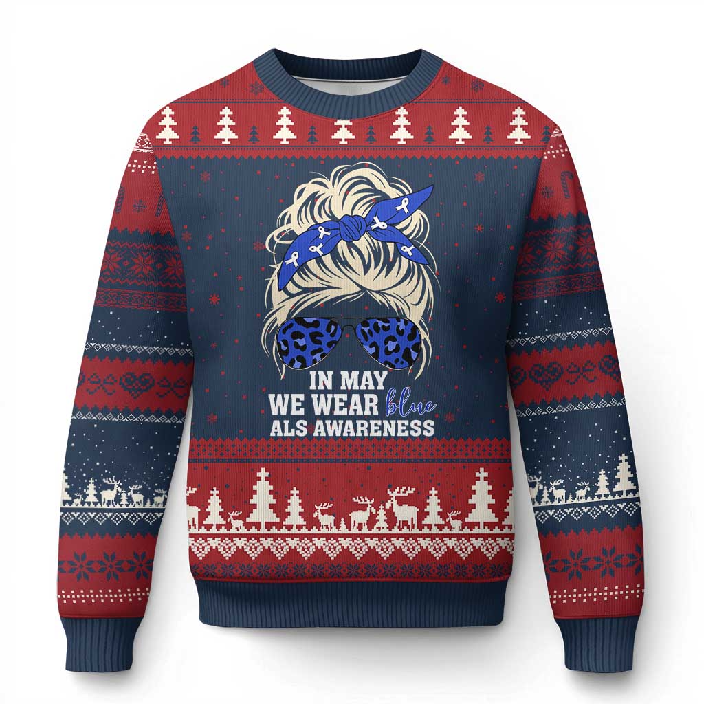 ALS Awareness We Wear Blue In May Ugly Christmas Sweater TS10 Navy Red Print Your Wear
