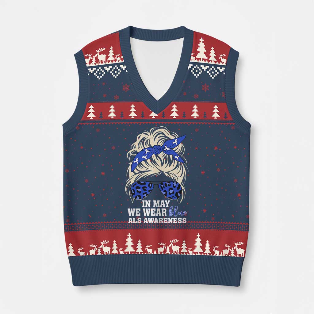 ALS Awareness We Wear Blue In May V-Neck Knit Sweater Vest TS10 Navy Red Print Your Wear