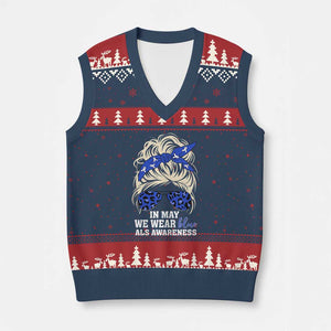 ALS Awareness We Wear Blue In May V-Neck Knit Sweater Vest TS10 Navy Red Print Your Wear