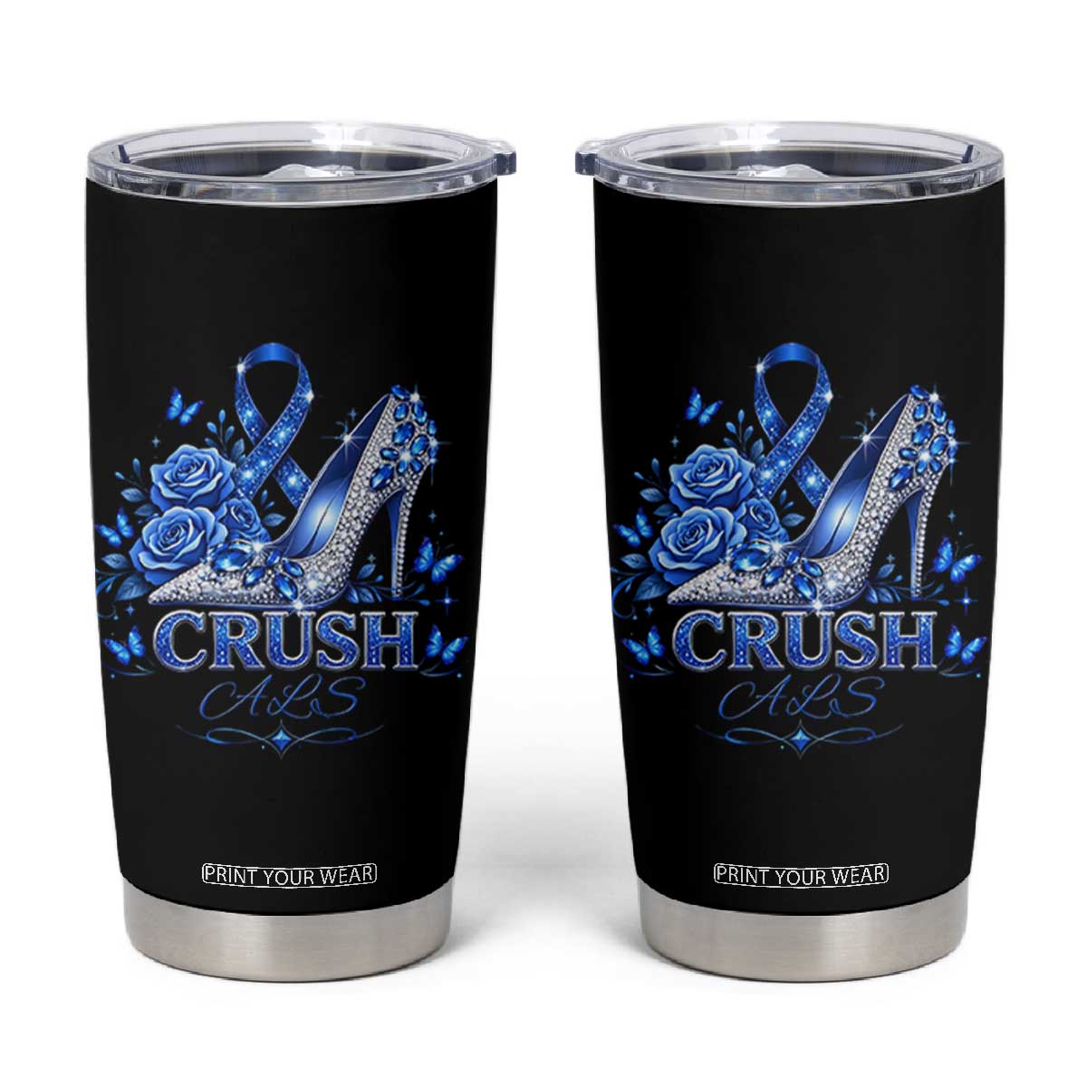 ALS Awareness Tumbler Cup Blue Ribbon Women Crush ALS TS10 Black Print Your Wear