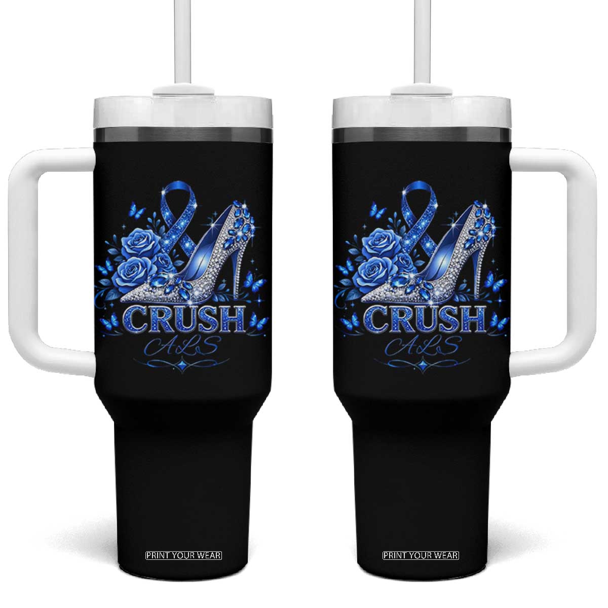 ALS Awareness Tumbler With Handle Blue Ribbon Women Crush ALS TS10 One Size: 40 oz Black Print Your Wear