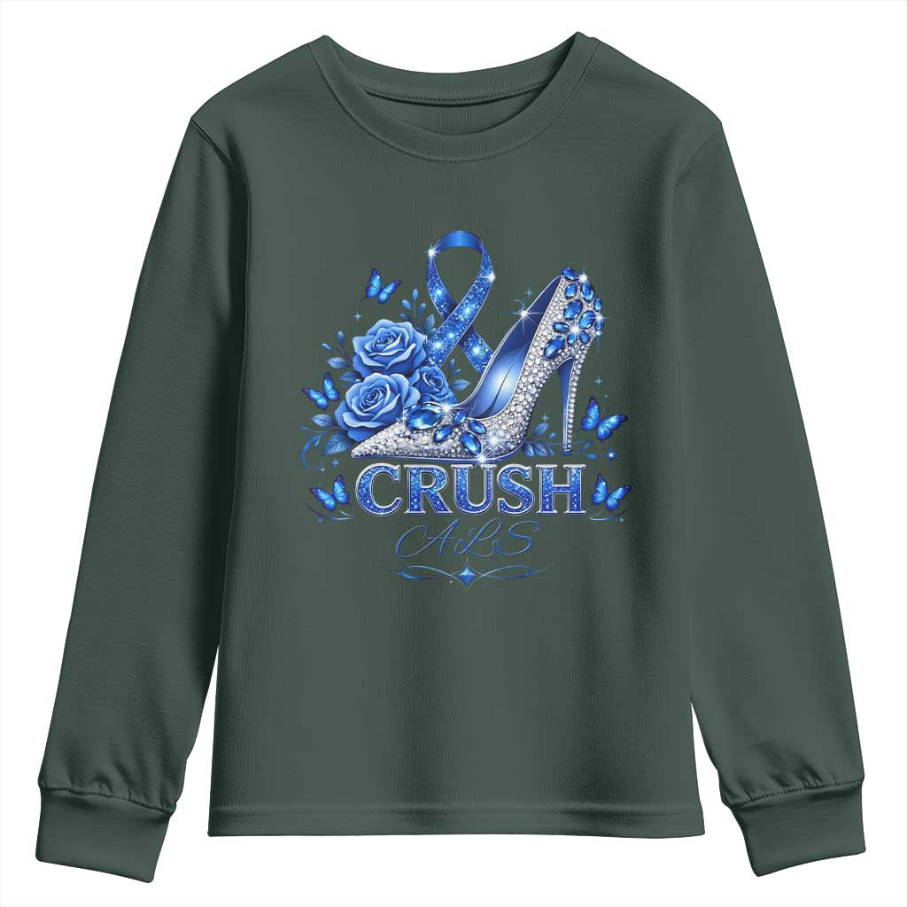 ALS Awareness Youth Sweatshirt Blue Ribbon Women Crush ALS TS10 Dark Forest Green Print Your Wear